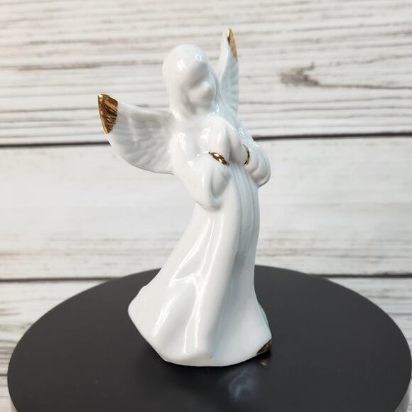 White Porcelain Angel Gold Accents Holiday Décor Figurine - Picture 4 of 7